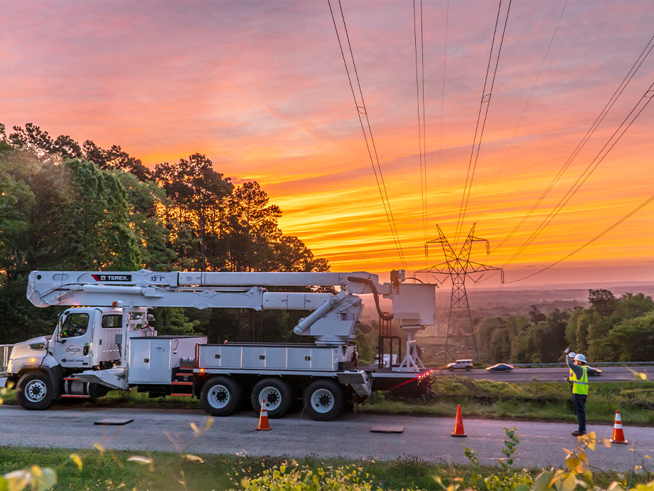 a bucket truck at sunset in Texas